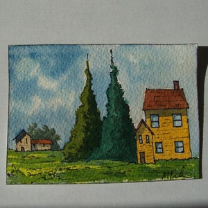 This is &quot;Close to Home&quot; an Original Watercolor, 2.5 by 3.5 inches, ACEO Collectible, Landscape, Houses, Hills, Trees, Fall Colors, Mountains