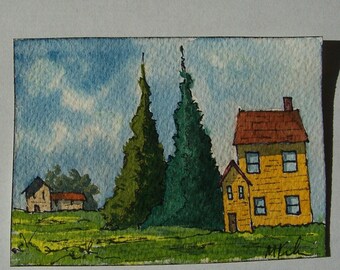 Esta es "Close to Home", una acuarela original, 2,5 x 3,5 pulgadas, coleccionable de ACEO, paisaje, casas, colinas, árboles, colores de otoño, montañas.