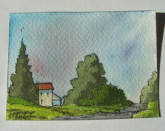 Esta es "Roadside", una acuarela original, 2,5 x 3,5 pulgadas, coleccionable de ACEO, paisaje, casas, colinas, árboles, colores de otoño, montañas.