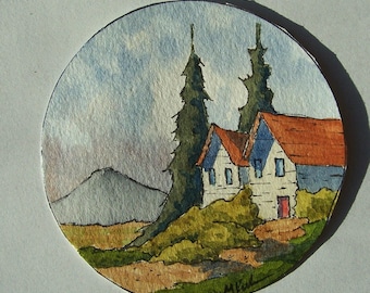 Pintura de acuarela original, redonda, de 3 pulgadas, única, paisaje, casas, colinas, árboles, colores de otoño, montañas