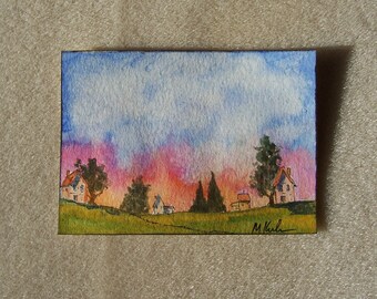 Acuarela original, "Un nuevo día" 2,5 por 3,5 pulgadas, ACEO coleccionable, paisaje, casa, cabaña, árboles montañas