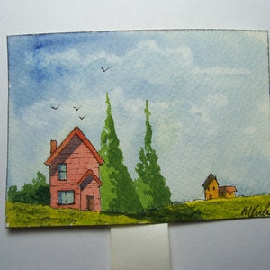 Original Watercolor, 2.5 by 3.5 inches, ACEO Collectible, Landscape, Houses, Hills, Trees (02)