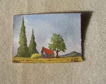 Acuarela original, "Dusk Fall" 2,5 por 3,5 pulgadas, ACEO coleccionable, paisaje, casa, cabaña, árboles montañas