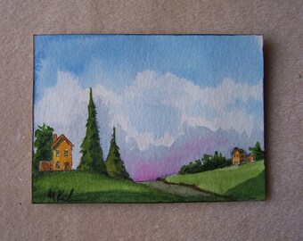 Acuarela original, "Pinos guía" 2,5 por 3,5 pulgadas, Coleccionable ACEO, Paisaje, Granja, Cielo, Montañas