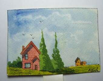 Acuarela original, 2,5 x 3,5 pulgadas, Coleccionable ACEO, Paisaje, Casas, Colinas, Árboles (02)