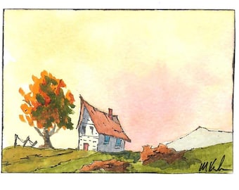 Acuarela original, "Vals de otoño", 2,5 x 3,5 pulgadas, coleccionable de ACEO, paisaje, casas, colinas, árboles, colores de otoño, montañas