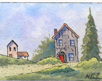Esta es "Casa de piedra", una acuarela original, 2,5 x 3,5 pulgadas, coleccionable de ACEO, paisaje, casas, colinas, árboles, colores de otoño, montañas.
