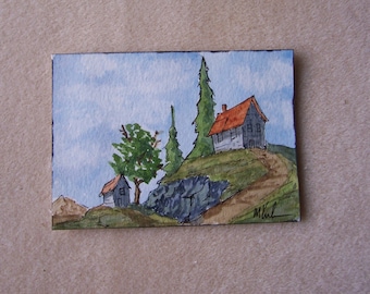 Acuarela original, "One Step Up" 2,5 por 3,5 pulgadas, ACEO coleccionable, paisaje, granja, cielo, montañas