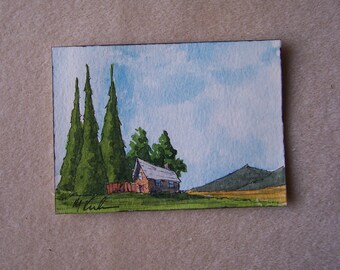 Original Watercolor, &quot;In the Shade&quot; 2.5 by 3.5 inches, ACEO Collectible, Landscape, Farm, Sky, Mountains