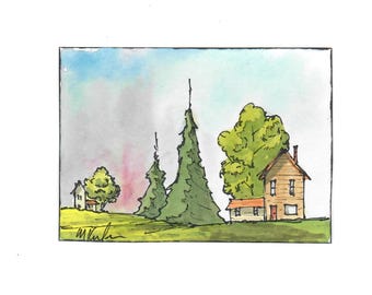 Acuarela original, "Serenity Road", 6,35 x 8,9 cm, colección ACEO. Paisaje, casas, colinas, árboles, colores otoñales y montañas.