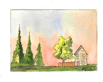 Acuarela original, "Soledad resplandeciente", 2,5 x 3,5 pulgadas, coleccionable de ACEO, paisaje, casas, colinas, árboles, colores de otoño, montañas