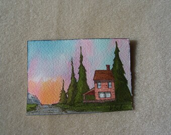 Acuarela original, "Pine Street" 2,5 por 3,5 pulgadas, ACEO coleccionable, paisaje, casa, cabaña, árboles montañas