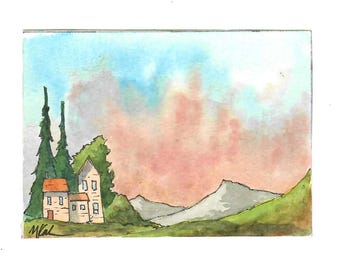 Acuarela original, "Pinos pacíficos", 2,5 x 3,5 pulgadas, coleccionable de ACEO, paisaje, casas, colinas, árboles, colores de otoño, montañas