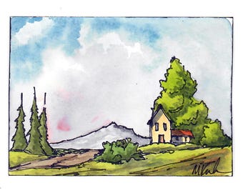 Acuarela original, "Sendero Místico", 6,35 x 8,9 cm, colección ACEO. Paisaje, casas, colinas, árboles, colores otoñales y montañas.