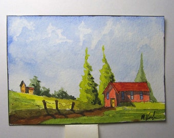 Original Watercolor, 2.5 by 3.5 inches, ACEO Collectible, Landscape, Houses, Hills, Trees (04)