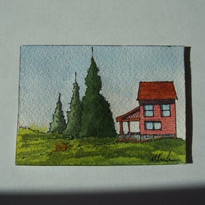 This is &quot;Lead the Way&quot; an Original Watercolor, 2.5 by 3.5 inches, ACEO Collectible, Landscape, Houses, Hills, Trees, Fall Colors, Mountains