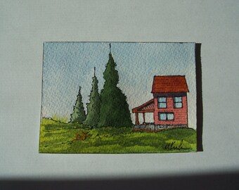 Esta es "Lead the Way", una acuarela original, 2,5 x 3,5 pulgadas, coleccionable de ACEO, paisaje, casas, colinas, árboles, colores de otoño, montañas.