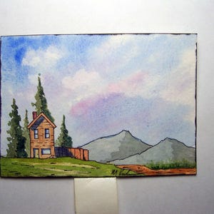 Original Watercolor, 2.5 by 3.5 inches, ACEO Collectible, Landscape, Houses, Hills, Trees, Mountains