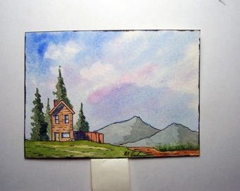Original Watercolor, 2.5 by 3.5 inches, ACEO Collectible, Landscape, Houses, Hills, Trees, Mountains
