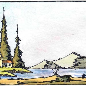 This is &quot;Summer Pines&quot; an Original Watercolor, 2.5 by 3.5 inches, ACEO Collectible, Landscape, Houses, Hills, Trees, Fall Colors, Mountains