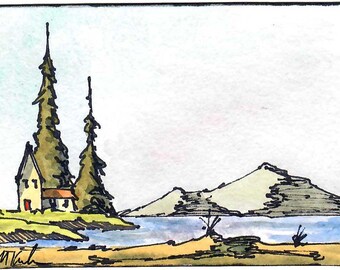 This is &quot;Summer Pines&quot; an Original Watercolor, 2.5 by 3.5 inches, ACEO Collectible, Landscape, Houses, Hills, Trees, Fall Colors, Mountains