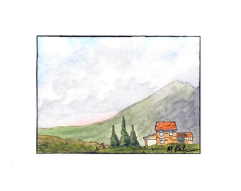 Acuarela original, "Cielo Grande", 6,35 x 8,9 cm, coleccionable de ACEO, paisaje, granja, cielo y montañas.