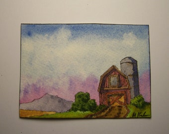 Original Watercolor, &quot;Sunset Barn&quot; 2.5 by 3.5 inches, ACEO Collectible, Landscape, Farm, Sky, Mountains