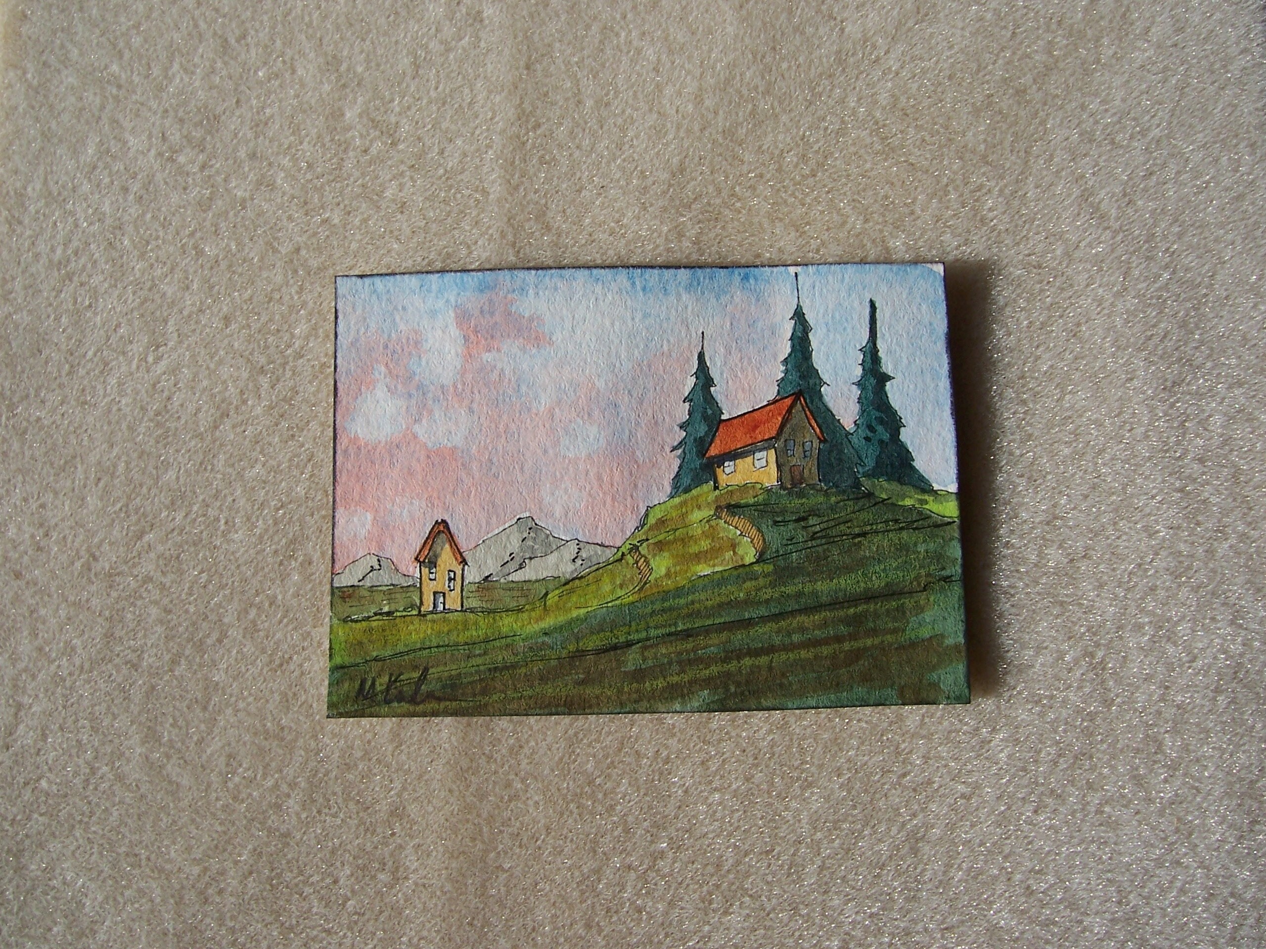 Original Watercolor, "Foothills View" 2.5 by 3.5 inches, ACEO Collectible, Landscape, House, Cabin, Trees Mountains