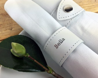 White Personalised  Leather Napkin Rings