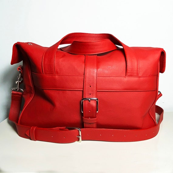 red leather weekender travel bag