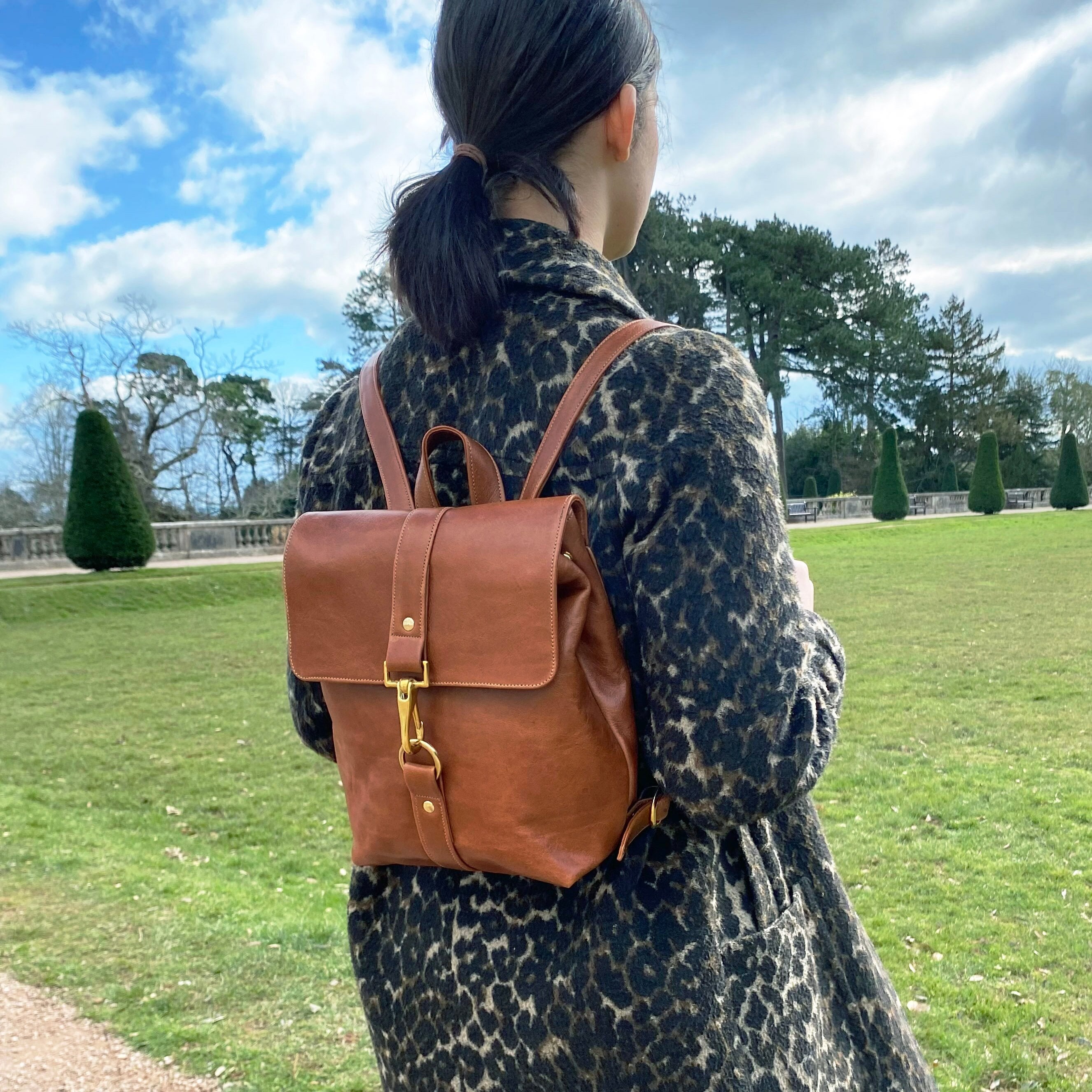 UK Handcrafted Small Caramel Brown Leather Backpack Personalised