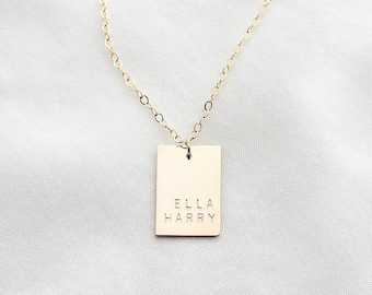 Collier pendentif rectangle personnalisé - remplissage en or 14 carats et argent sterling - collier en chiffres romains - collier unisexe - noms de famille