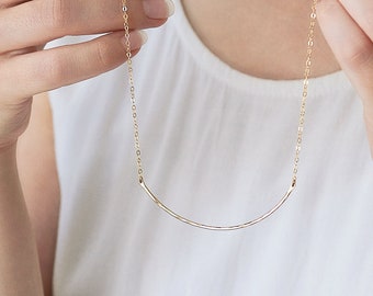 Curved hammered bar necklace - hand hammered bar necklace - 14k gold fill, rose gold, sterling silver - minimal curve necklace
