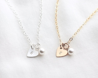 Personalised Tiny Heart and Pearl Necklace, 14k Gold Fill or Sterling Silver