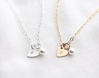 Personalised Tiny Heart and Pearl Necklace, 14k Gold Fill or Sterling Silver