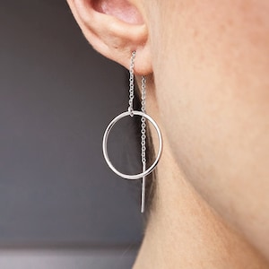 Circle Threader Earrings in Sterling Silver silver hoops silver chain earrings hoop threader earrings minimal hoops image 1