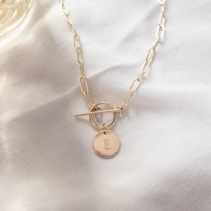14k Gold Fill Paperclip Chain Necklace with Initial - gold T-bar necklace - initial disc necklace - rectangle link necklace