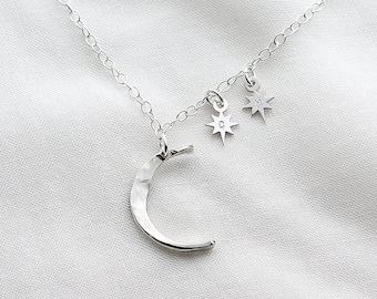 Moon and Stars Necklace - Sterling silver necklace - personalised initial necklace - celestial jewellery - family initials necklace