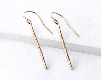 Gold hammered bar earrings -  gold drop earrings - silver bar earrings - dainty silver earrings - delicate dangle earrings