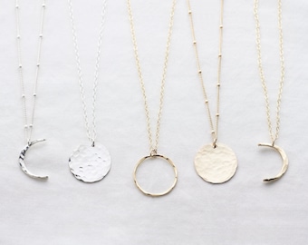 Moon Phase Necklace - 14k gold fill - lunar necklace - crescent moon pendant - hammered disc necklace - celestial jewellery