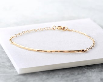 Curved hammered bar bracelet - dainty gold or silver bar bracelet - delicate gold bracelet - long gold bar bracelet - 14k gold fill