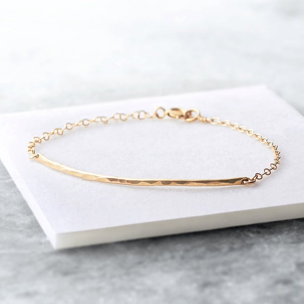 Curved hammered bar bracelet - dainty gold or silver bar bracelet - delicate gold bracelet - long gold bar bracelet - 14k gold fill