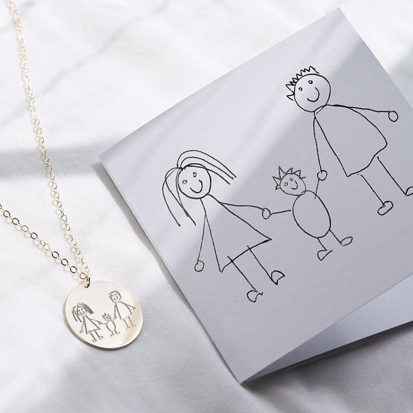 Barns teckningshalsband - handskriftshalsband - present till mamma - teckningspresent för barn - 14k guldfyllning, sterlingsilver - minnessak