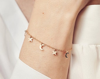 Moon And Stars Family Initials Bracelet - 14k gold filled, sterling silver - celestial jewellery - gift for mum