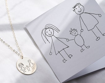 Kindertekeningketting - handschriftketting - cadeau voor mama - kindertekeningcadeau - 14k gouden vulling, sterling zilver - aandenken