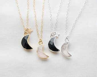 Semi Precious Moon Necklace - Crescent Moon Gemstone Pendant - Rose Quartz, Black Onyx, Celestial Jewellery