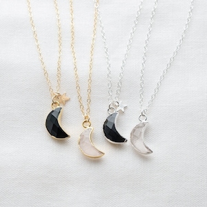 Semi Precious Moon Necklace - Crescent Moon Gemstone Pendant - Rose Quartz, Black Onyx, Celestial Jewellery