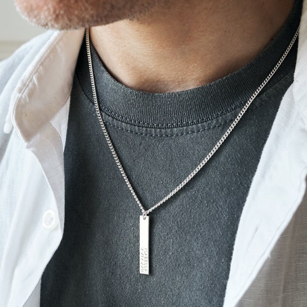 Men's Personalised Vertical Silver Bar Necklace