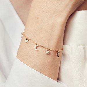 Moon And Stars Family Initials Bracelet 14k gold filled, sterling silver celestial jewellery gift for mum image 1