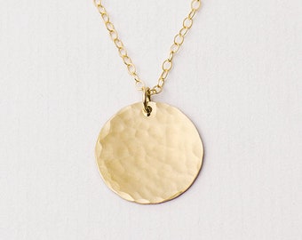 Large hammered gold disc necklace - gold pendant necklace - initial necklace - custom disc necklace - layering necklace - gift for her